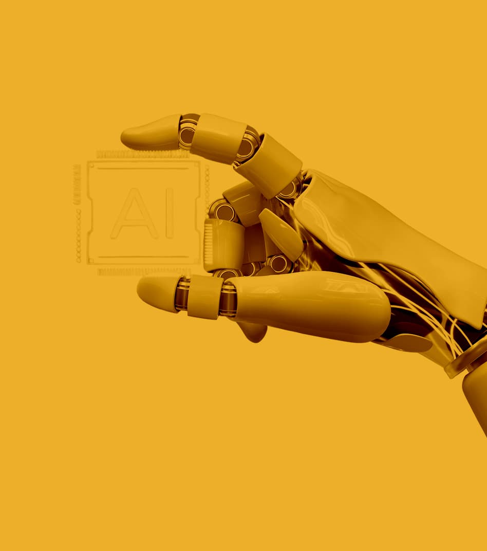 A yellow robotic hand in a pinching gesture with a visible "AI" chip design in the background. The image is overlaid with a yellow color filter.