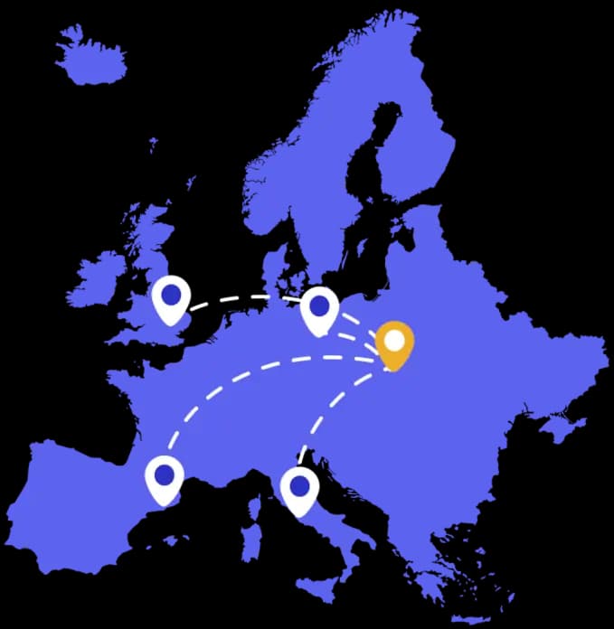 map showing Cracow and its connection to major european cities